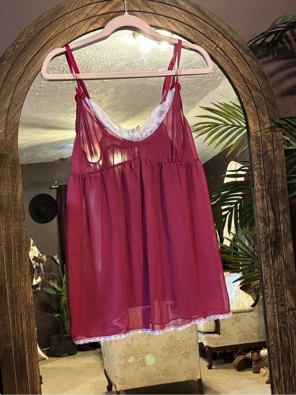 Women’s Sheer Lace Trim Babydoll Chemise - Raspberry